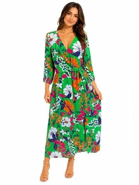 Kensie‎ Tropical Floral  Dress Green Pink Orange Boho Resort Midi 8 garden party